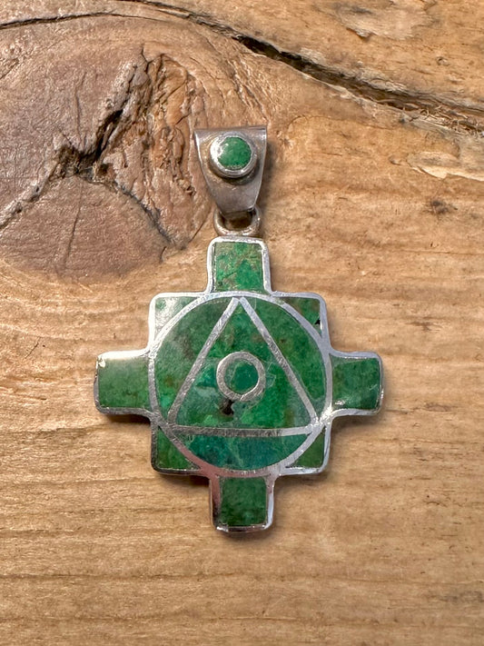 Vintage Green Chrysocolla Andean Cross 950 Silver Pendant