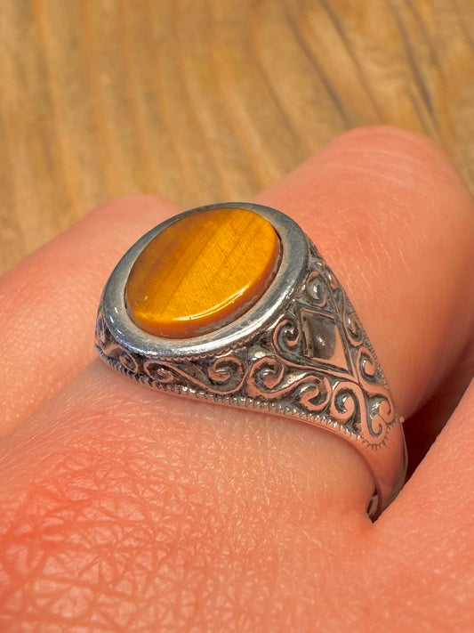 Vintage Tigers Eye Engraved Signet 925 Sterling Silver Size Z+3 1/2 Ring