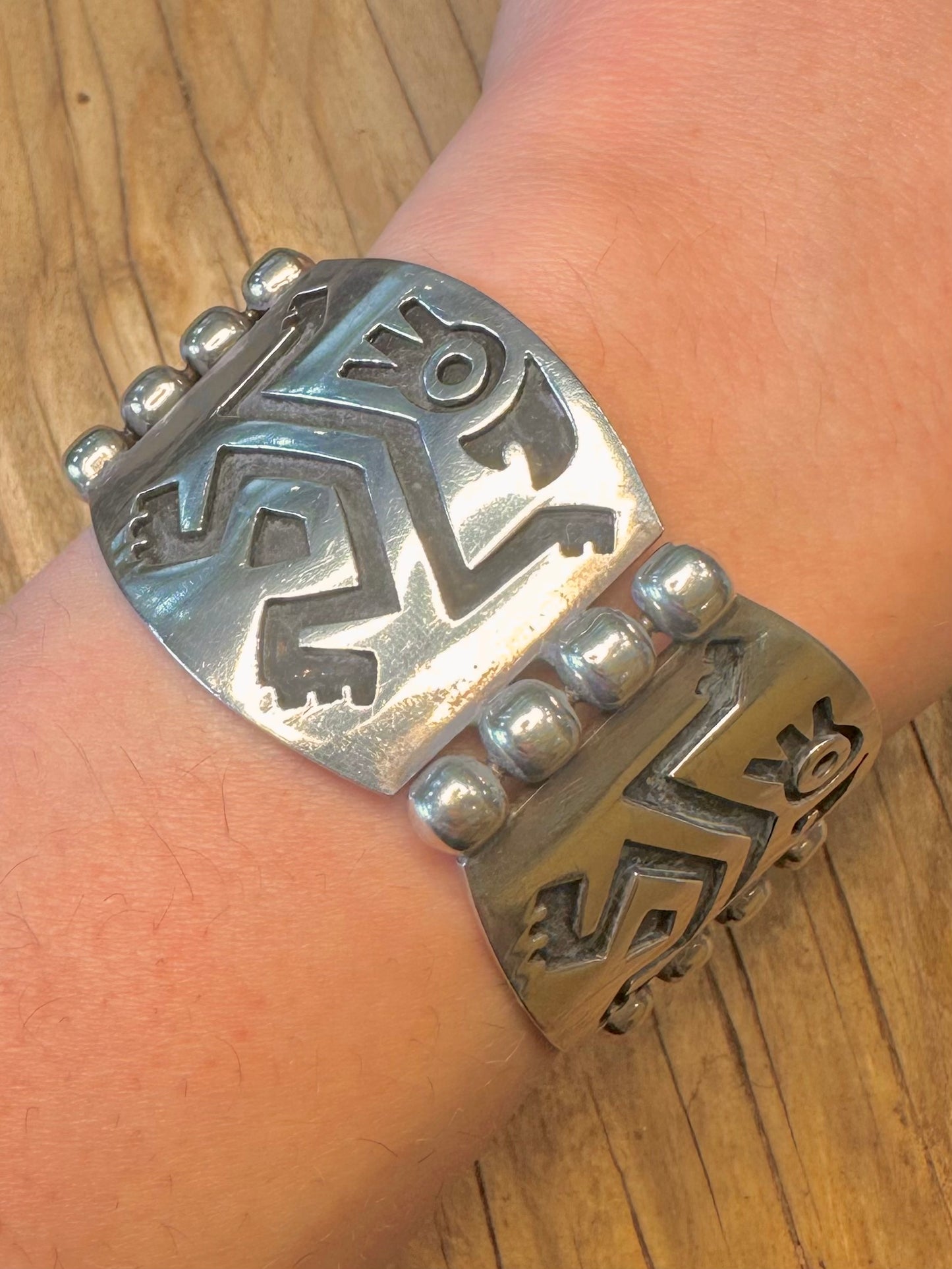 Vintage Mexican Tribal Figure Hinged with Safety Chain 925 Sterling Silver Bracelet