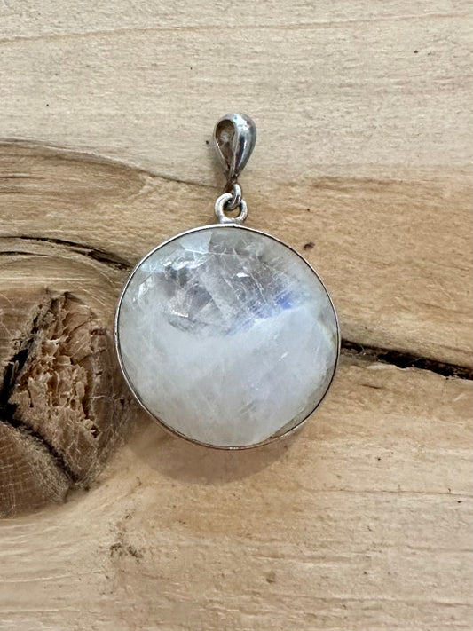 Abstract Faceted Moonstone Circle 925 Silver Pendant