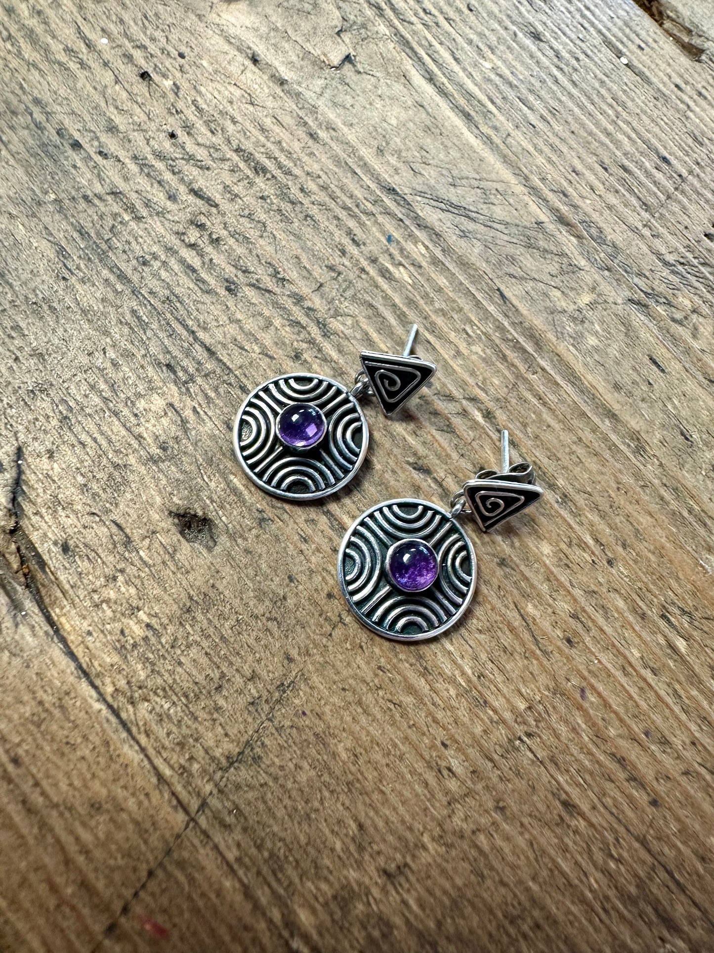 Vintage Amethyst Circle and Triangle 925 Silver Earrings