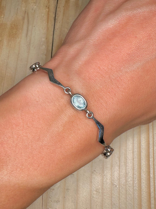 Blue Topaz Oval Zig Zag Link 925 Sterling Silver 7.25 inch Bracelet