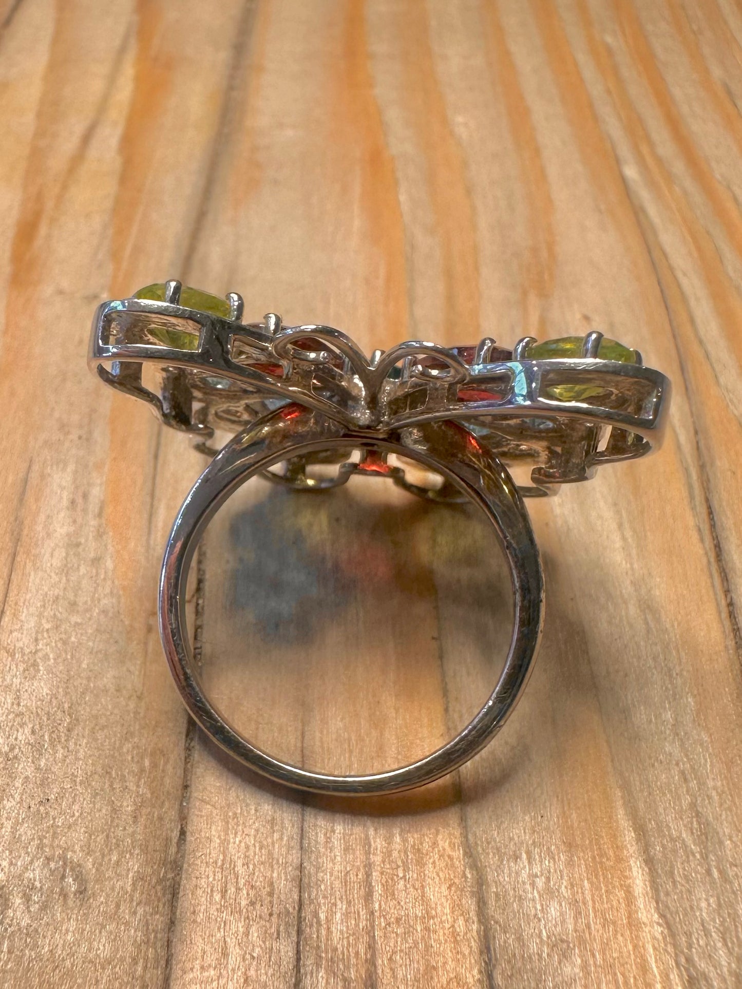 Modernist Multi Gemstone Butterfly 925 Silver Size R1/2 Ring