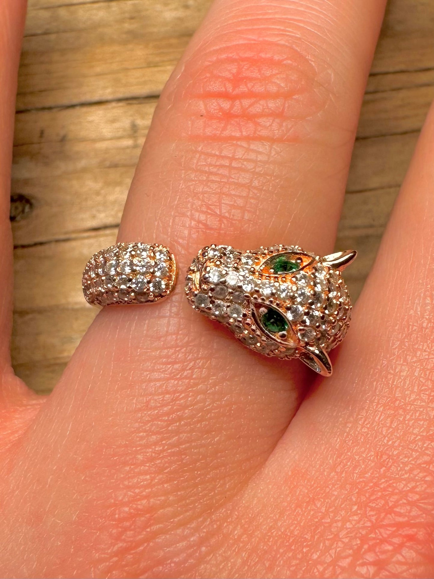 Modern Panther White and Green Stone Rose Gold Toned 925 Sterling Silver Size Q Ring
