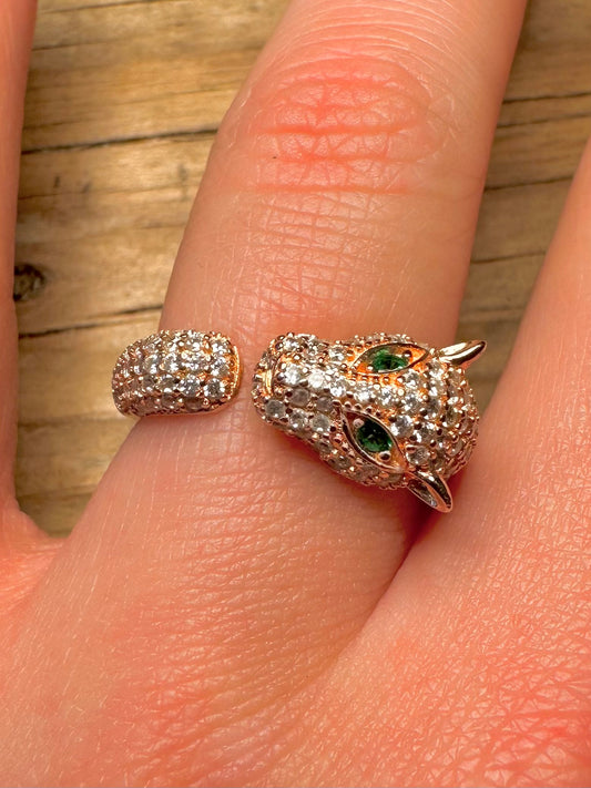 Moderner Panther Weißer und Grüner Stein Rosévergoldeter 925er Sterling Silber Ring Größe Q