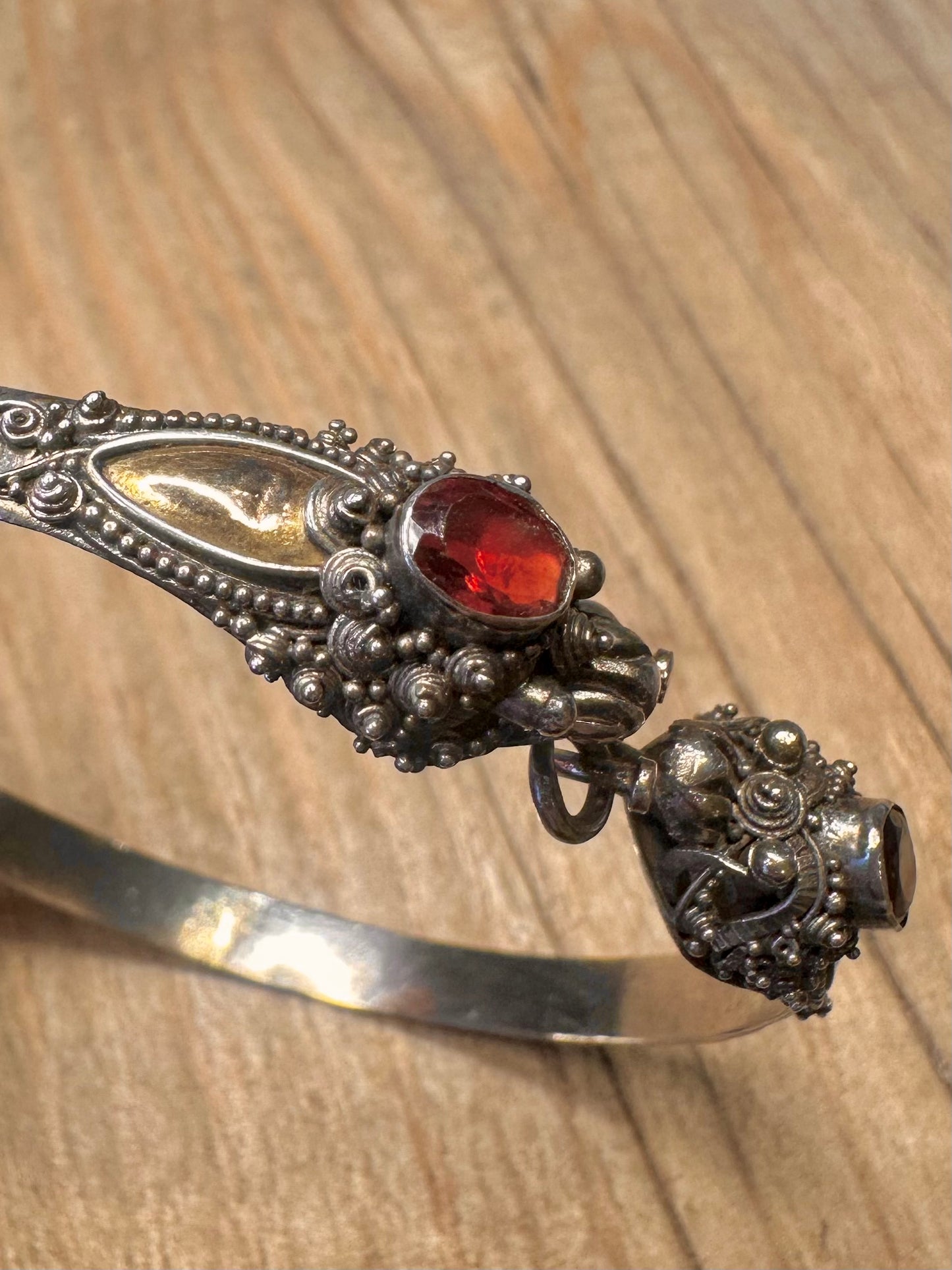 Vintage Dragon Filigree Red Stone and Gold Plate 925 Sterling Silver Bangle