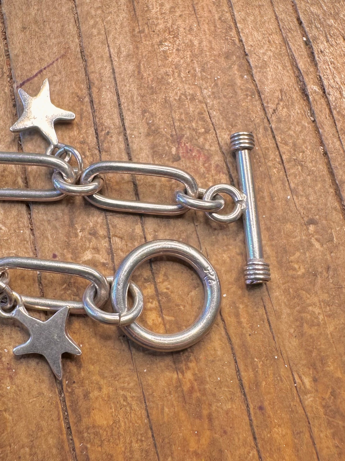 Paper Link T Bar with Star Pendants 925 Sterling Silver 7.5 inch Bracelet