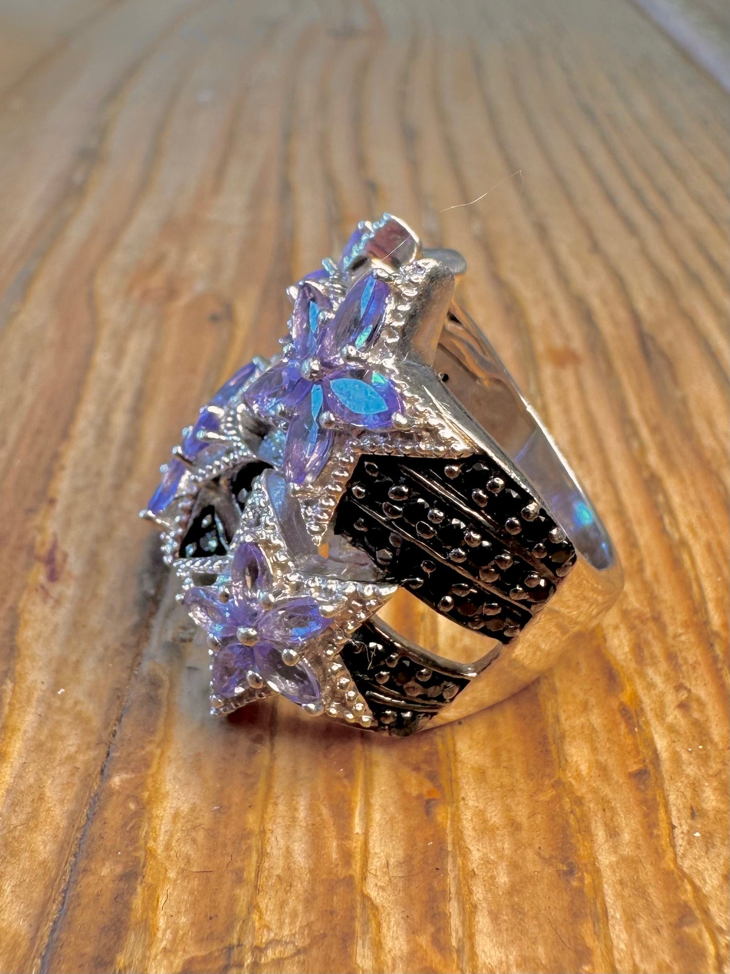 Star Tanzanite and Black Spinel Stones 925 Sterling Silver Size N Ring