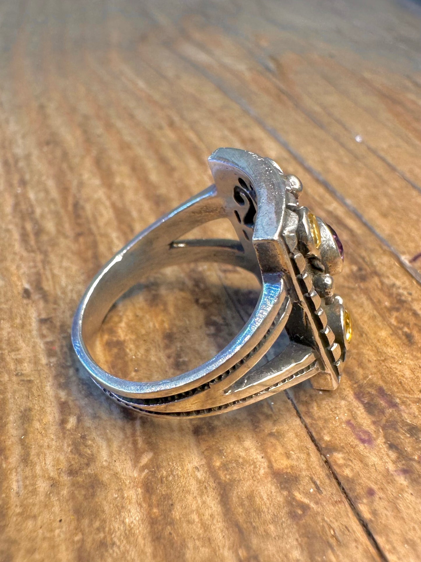 Amethyst and Citrine Rectangle Ornate 925 Sterling Silver Size Q Ring