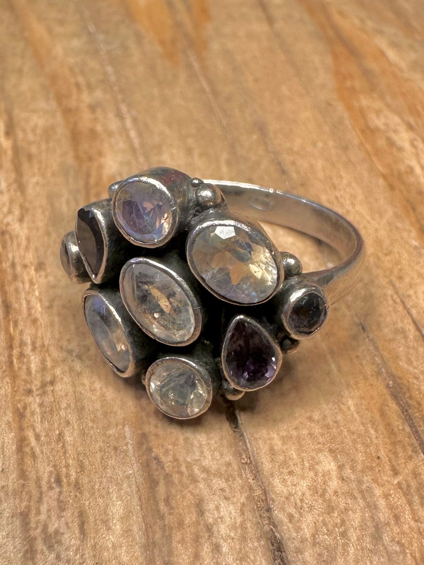 Vintage Moonstone and Amethyst 925 Sterling Silver Size R Ring