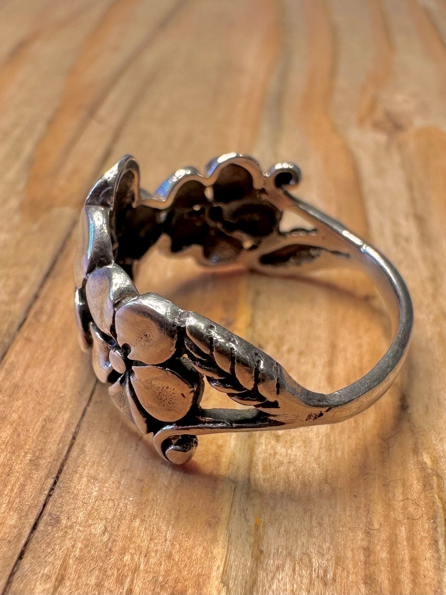 Vintage Three Flower 925 Sterling Silver Size Q Ring
