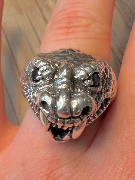 Vintage Large Cobra Snake Black Stone Eye 925 Silver Size P1/2 Ring