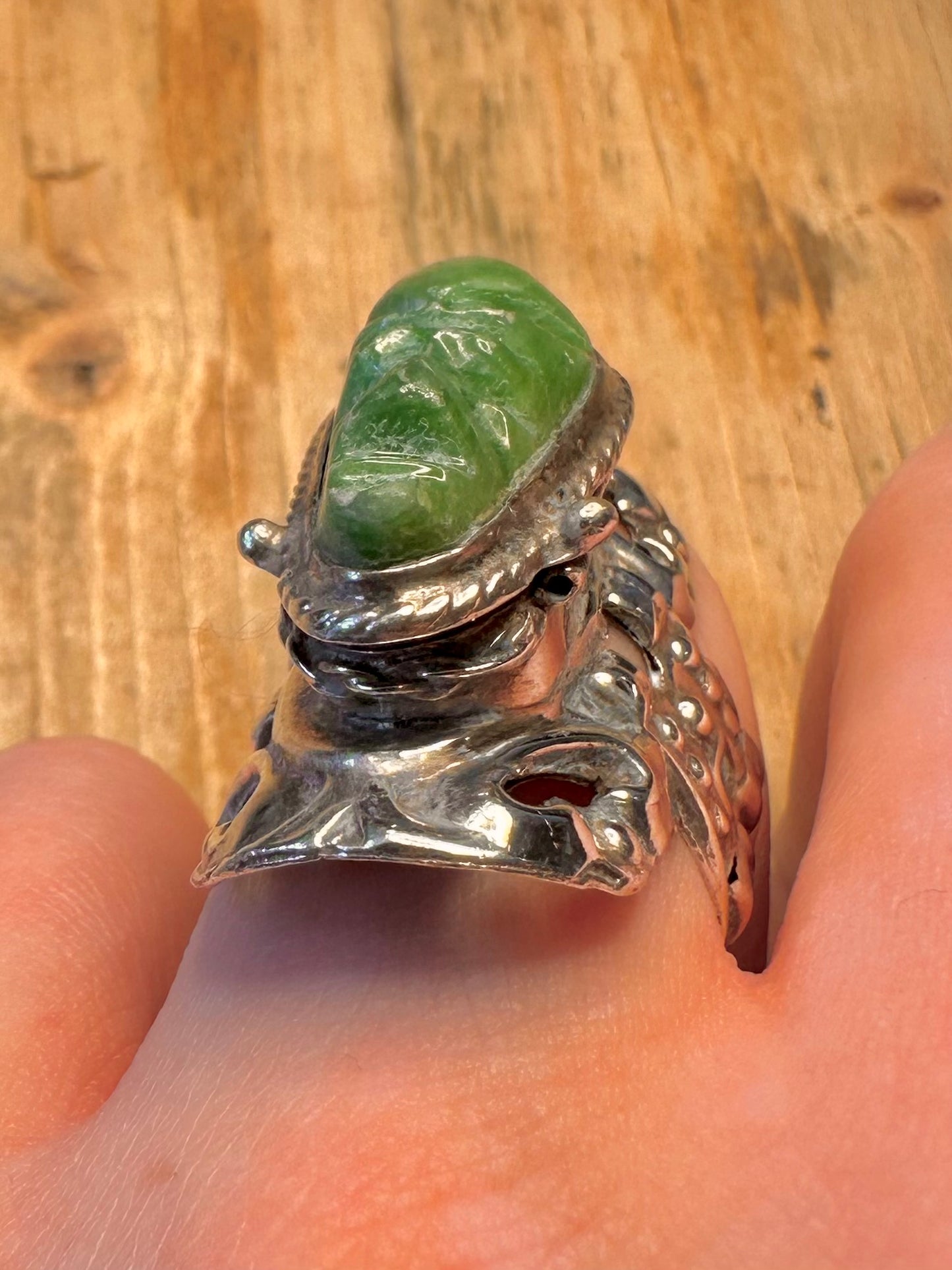Aztec Green Onyx Poison Ring Orange Mexico 925 Sterling Silver Size R Adjustable Ring