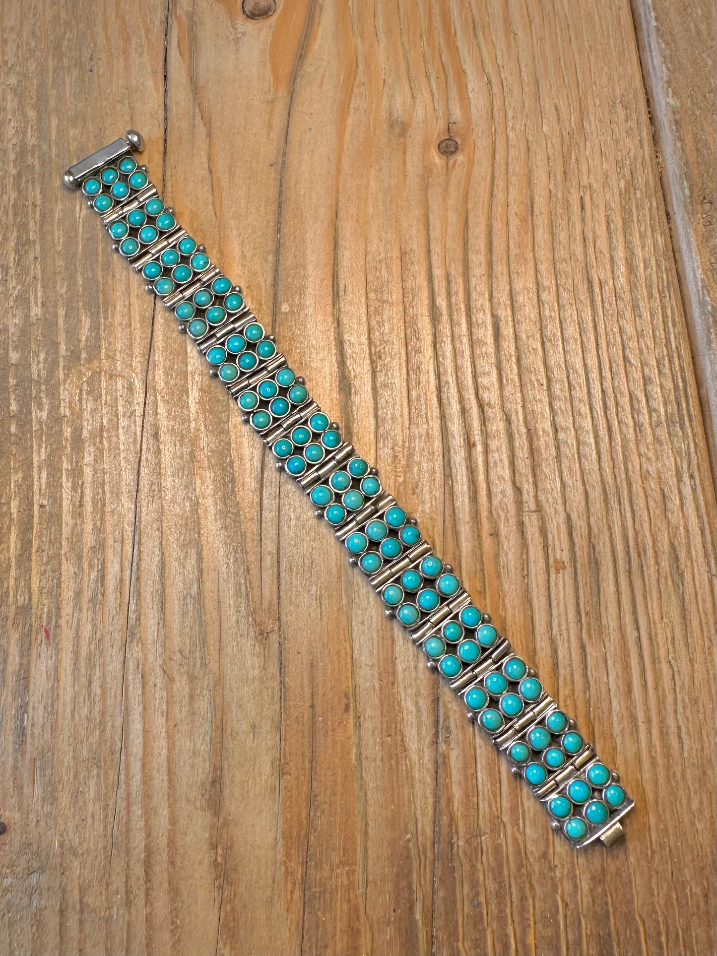 Native American Style Turquoise Three Row 925 Sterling Silver 7.2 inch Bracelet