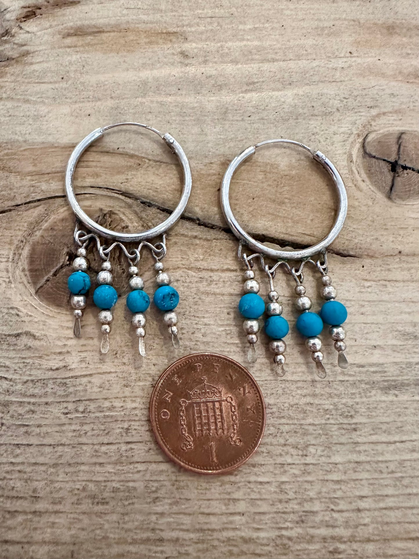 Vintage Dangle Turquoise Hoop 925 Silver Earrings