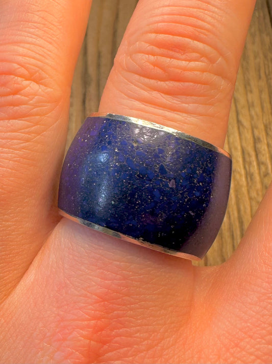 Lapis Lazuli Inlay Wide Band 925 Sterling Silver Size V Ring