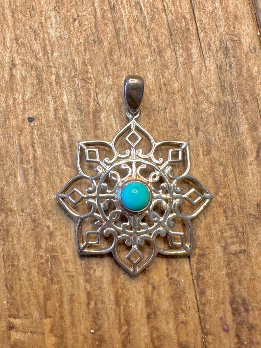 Turquoise Intricate Floral Design 925 Sterling Silver Pendant