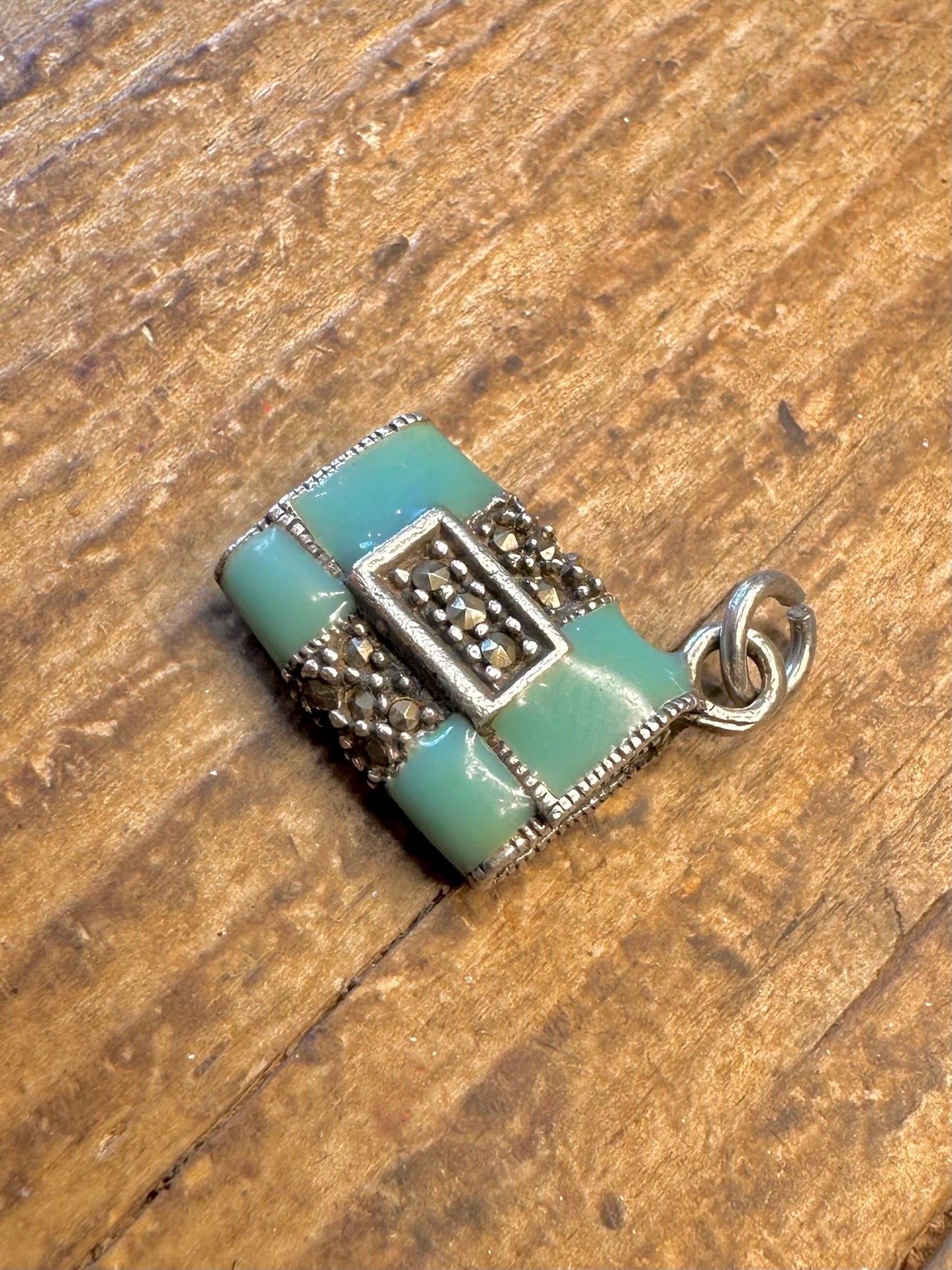 Blue Enamel Marcasite Handbag 925 Sterling Silver Charm Pendant