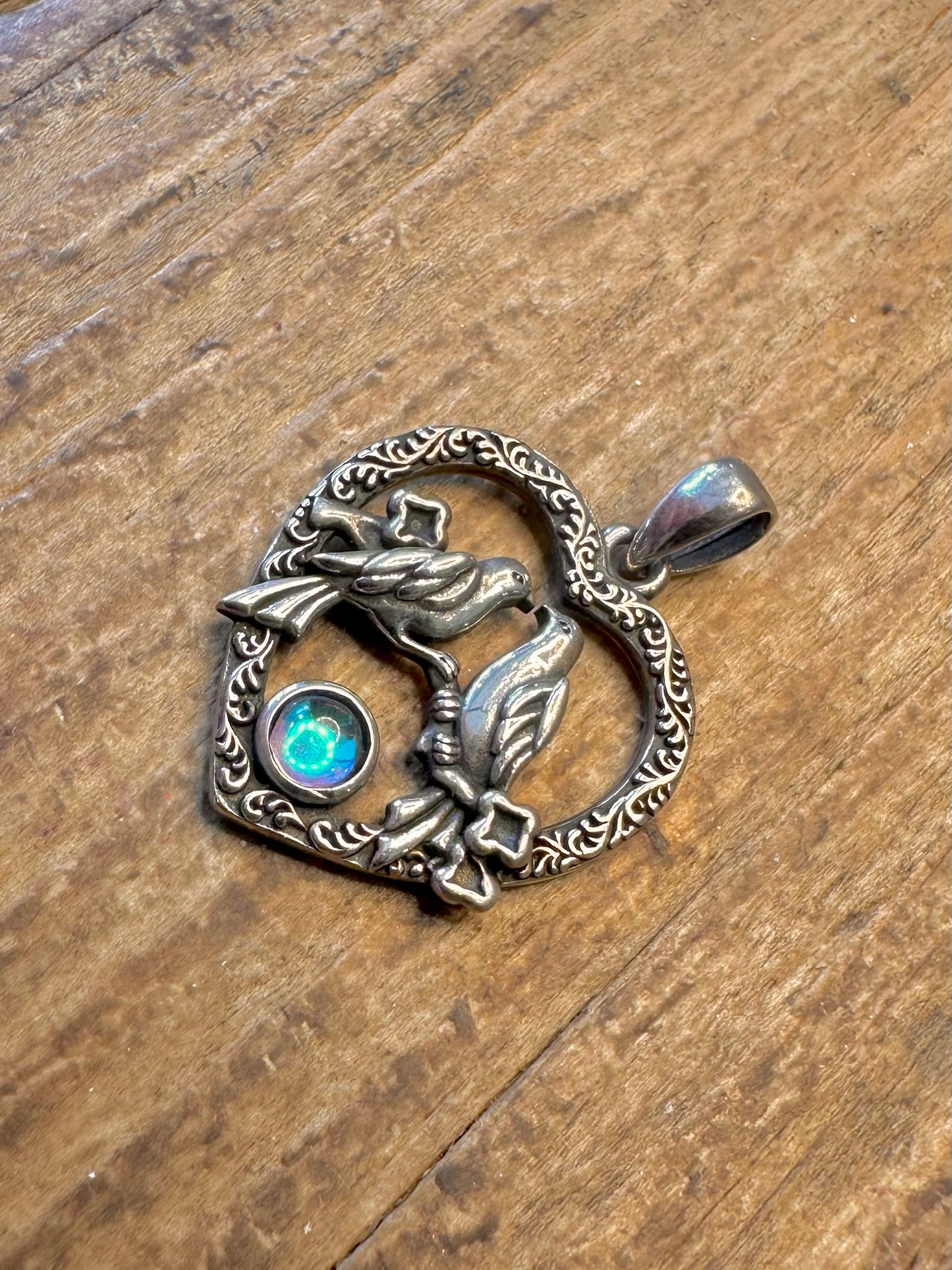 Love Birds Decorative Blue Circle 925 Sterling Silver Pendant