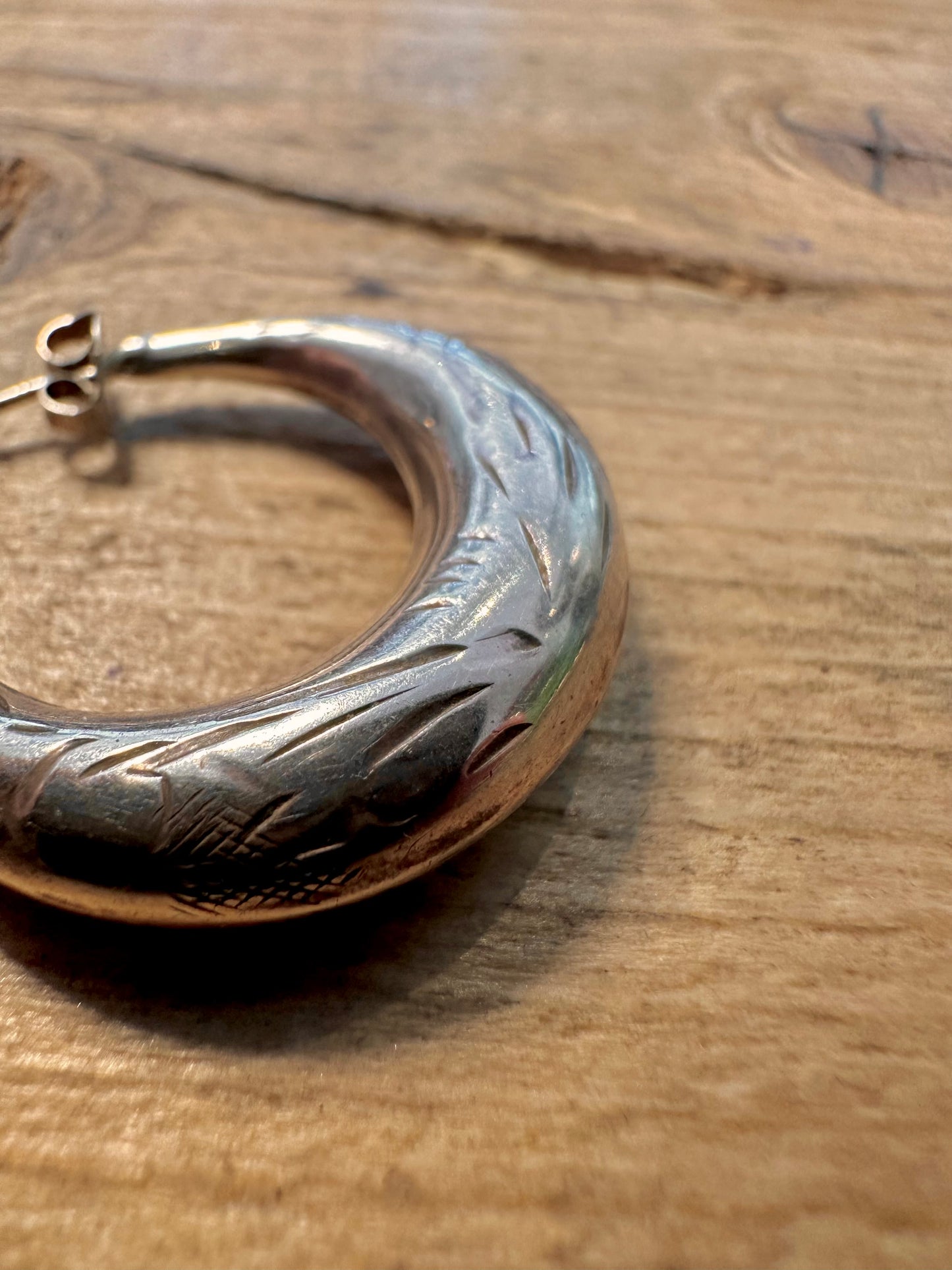 Vintage Chunky Engraved 925 Silver Half Hoop Earrings