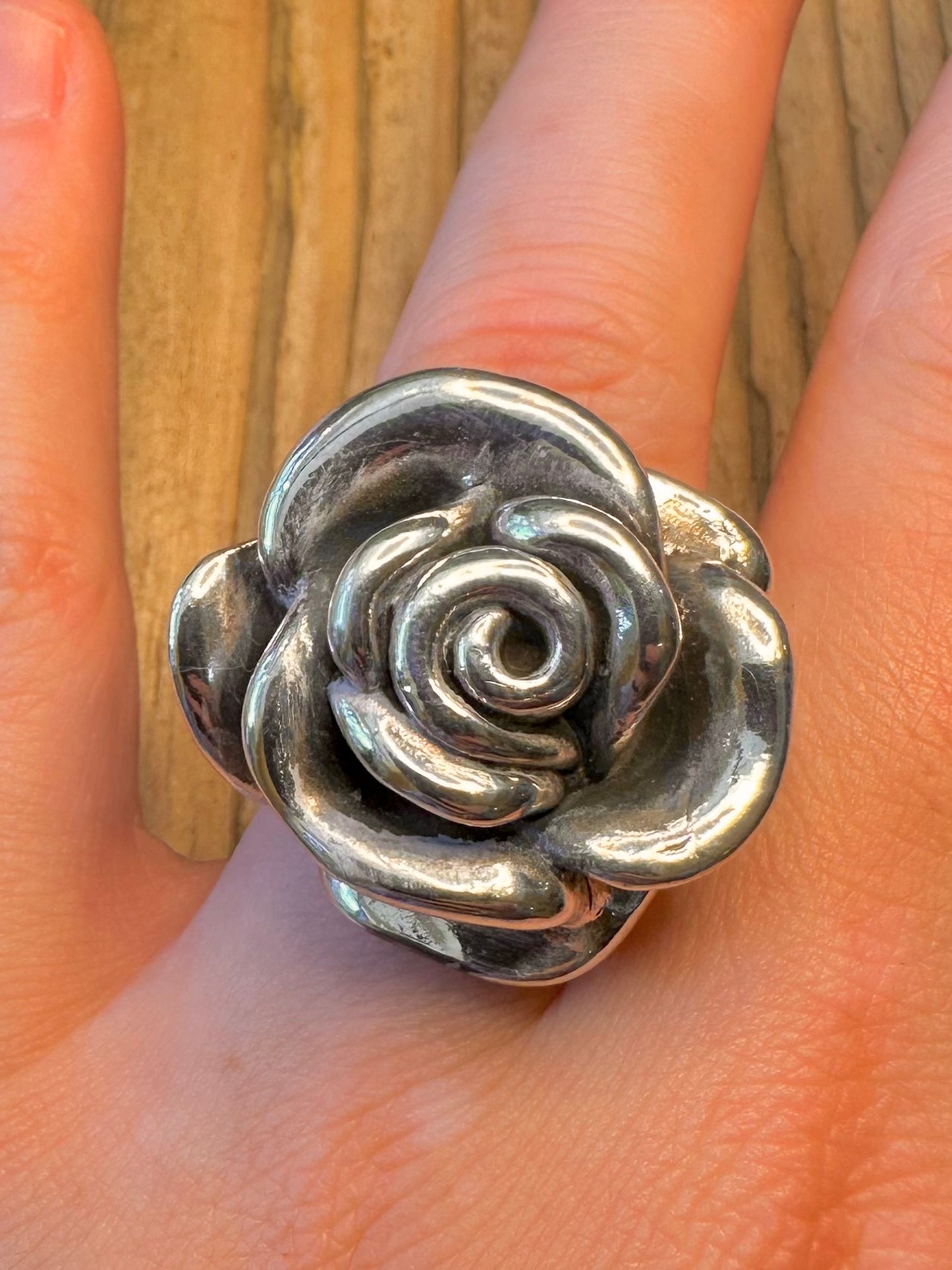 Large Rose Flower Hollow 925 Sterling Silver Size Q Ring