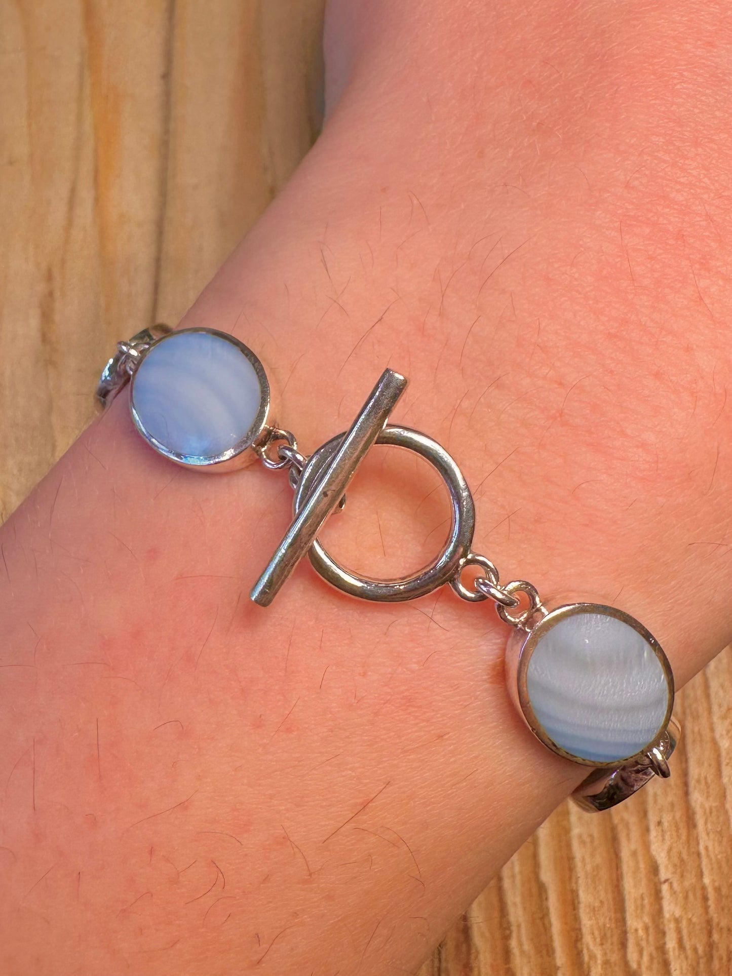 Vintage Blue Mother of Pearl Oval 935 Sterling Silver 7.6 inch Bracelet