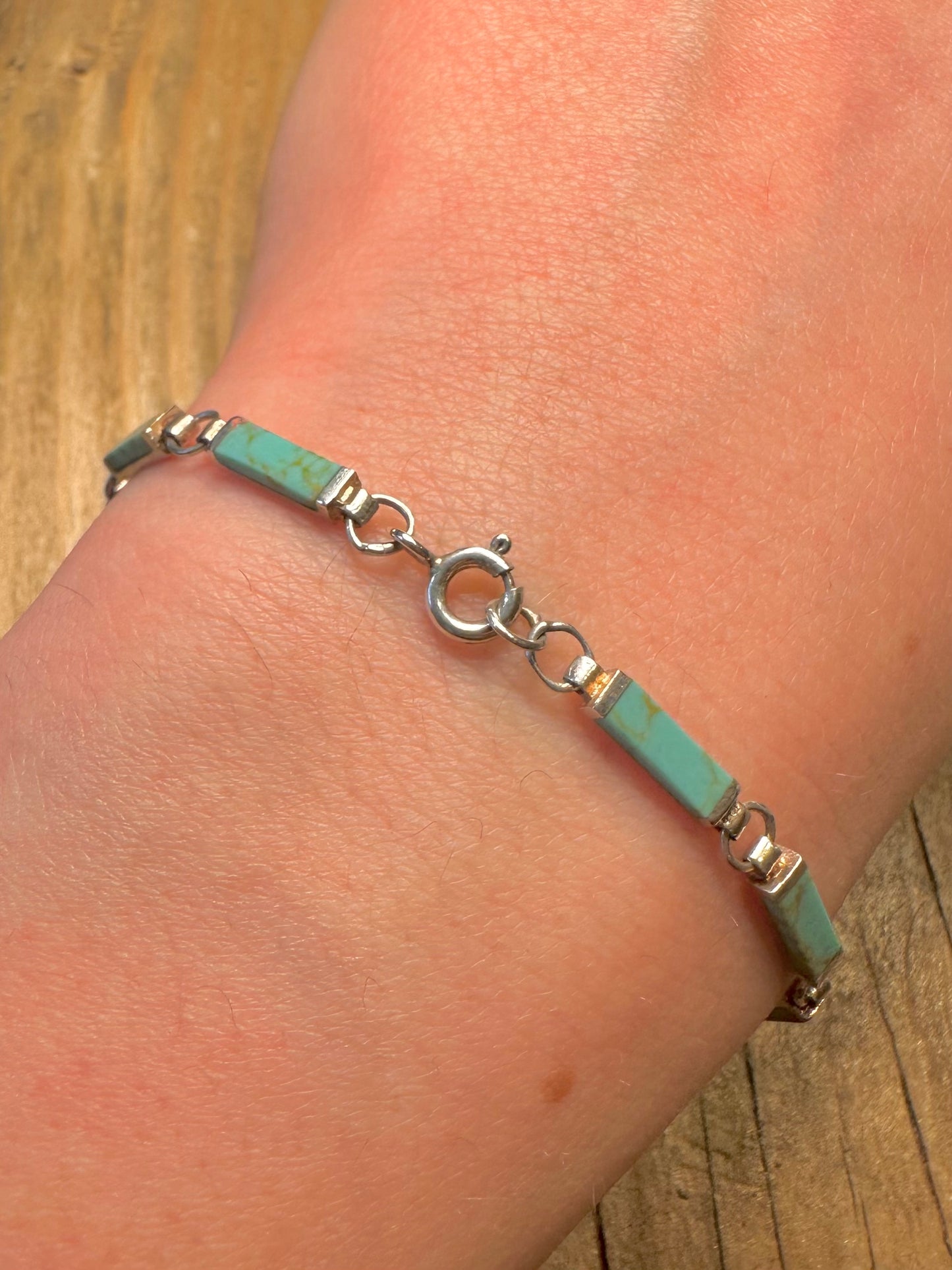 Modern Turquoise Bar Link 925 Sterling Silver 7.2 inch Bracelet