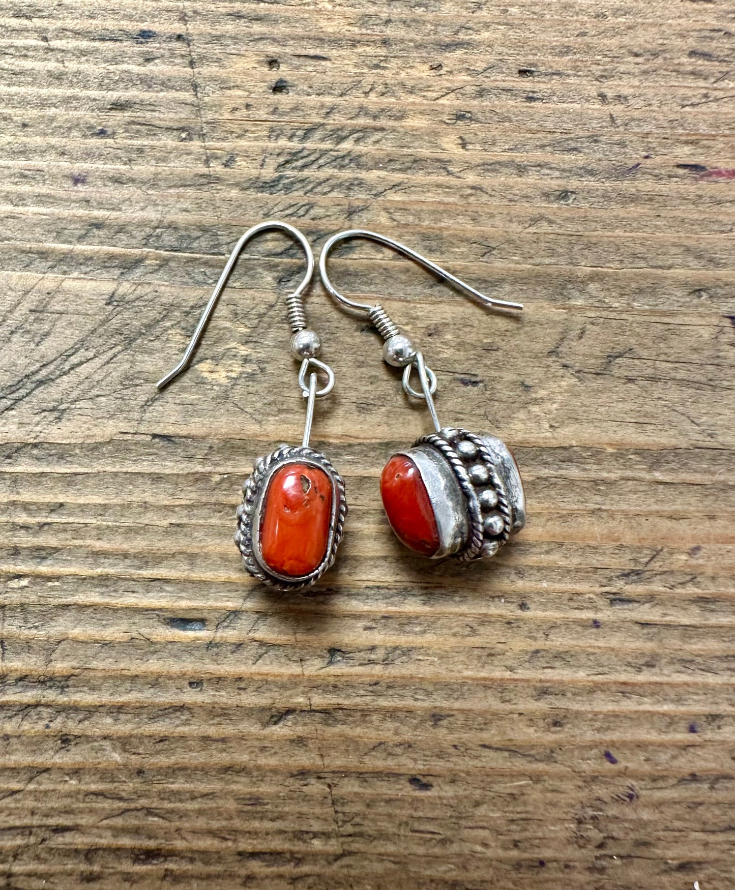 Vintage Red Coral Dangle 925 Silver Earrings