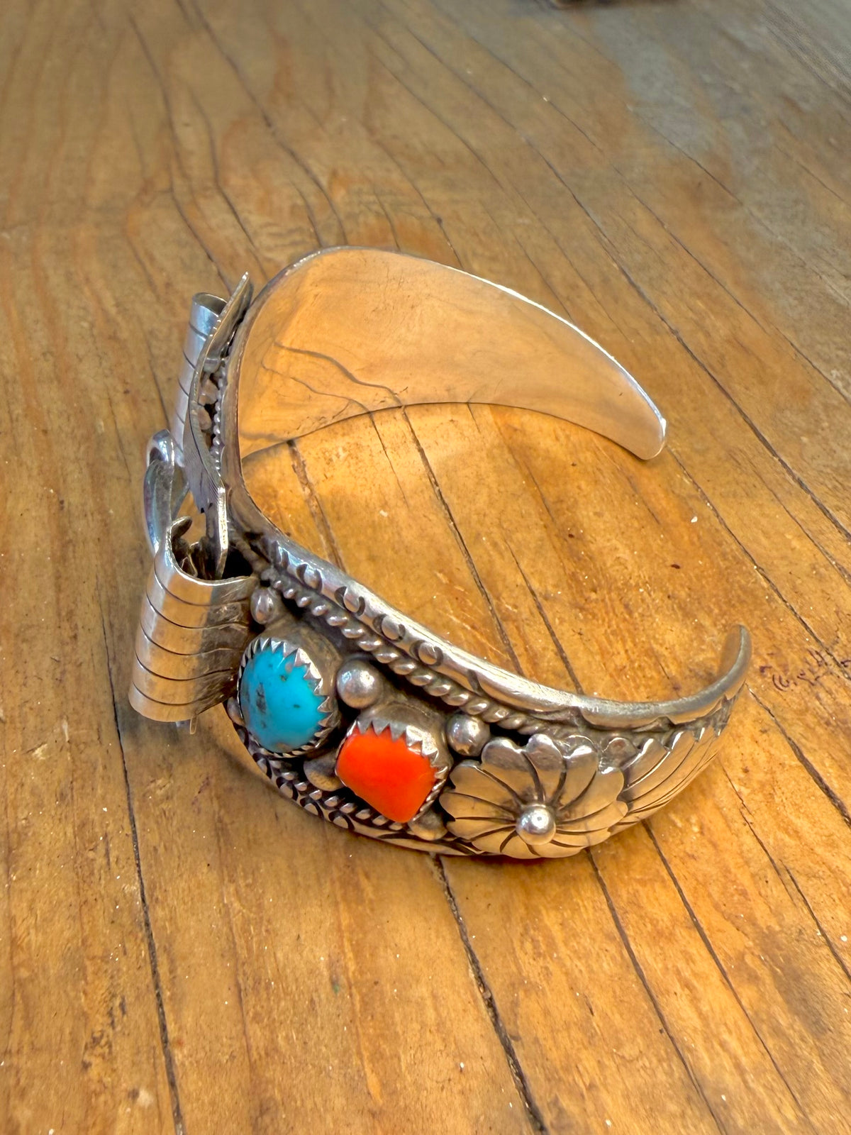Native American Navajo Turquoise and Coral Watch Cuff Buckle Maker RB 925 Sterling Silver Bangle