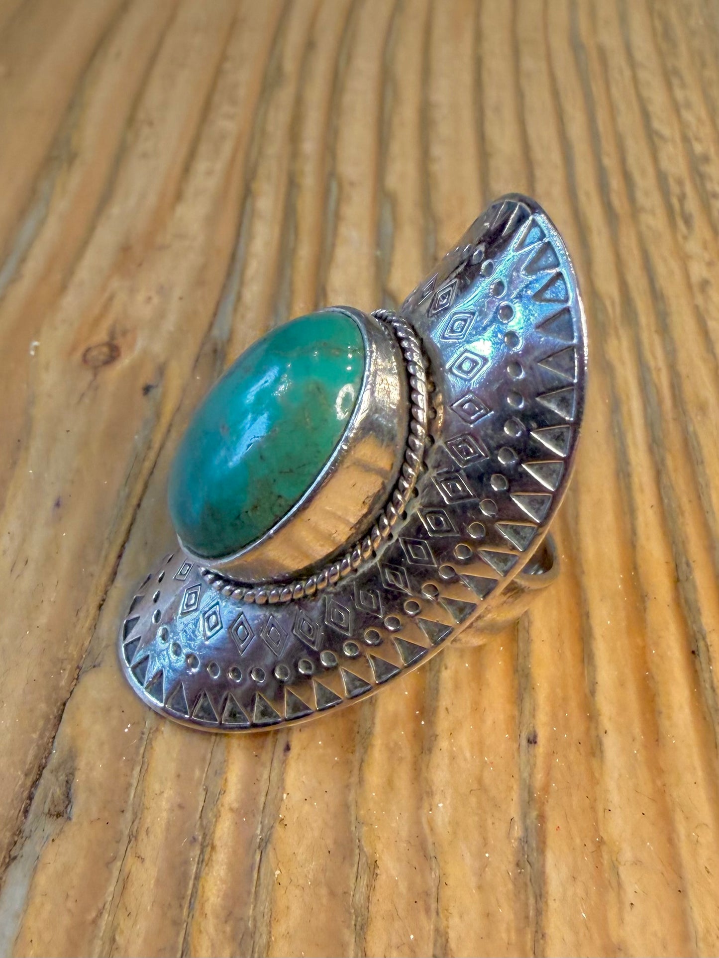 Long Southwestern Turquoise Etched 925 Sterling Silver Size M1/2 Ring