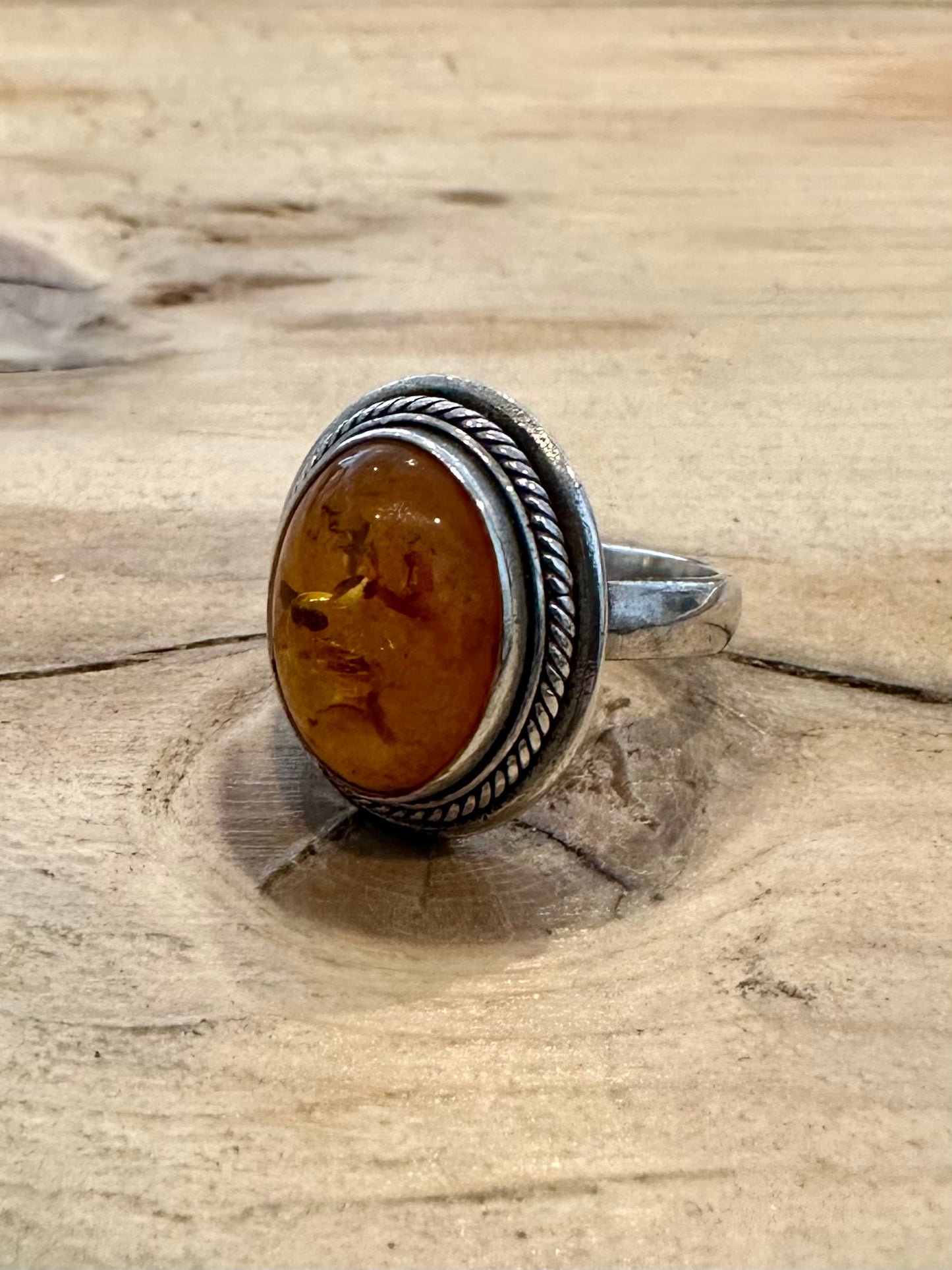 Vintage Amber Oval 925 Silver Size L Ring