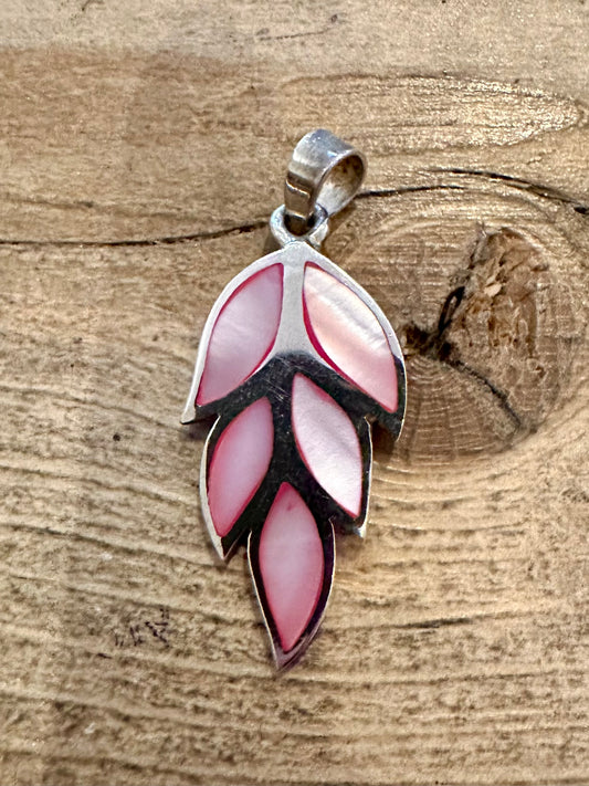 Vintage Pink Mother of Pearl Leaf 925 Silver Pendant