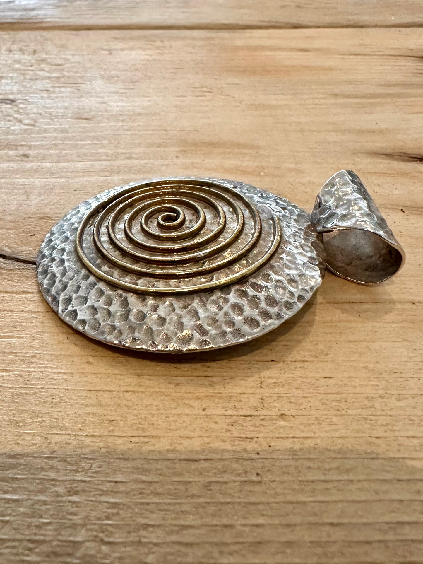 Vintage Brass Swirl Hammered 925 Silver Pendant