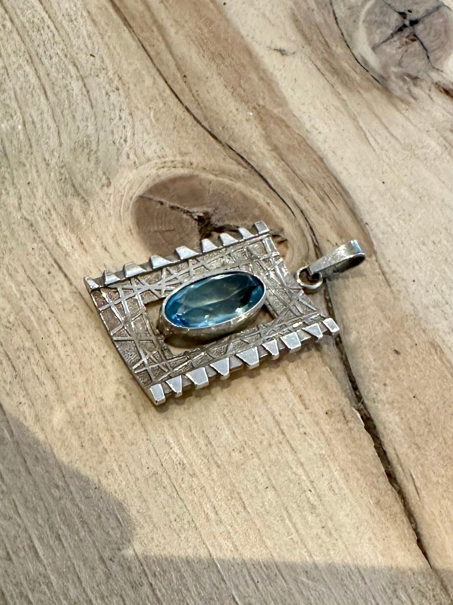 Abstract Vintage Blue Stone Textured Rectangle 925 Silver Pendant