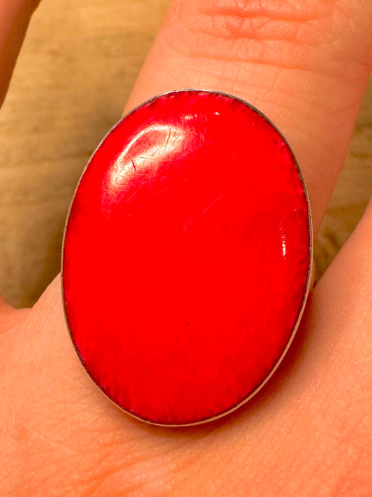 Vintage Red Coral Oval 925 Silver Size U Ring