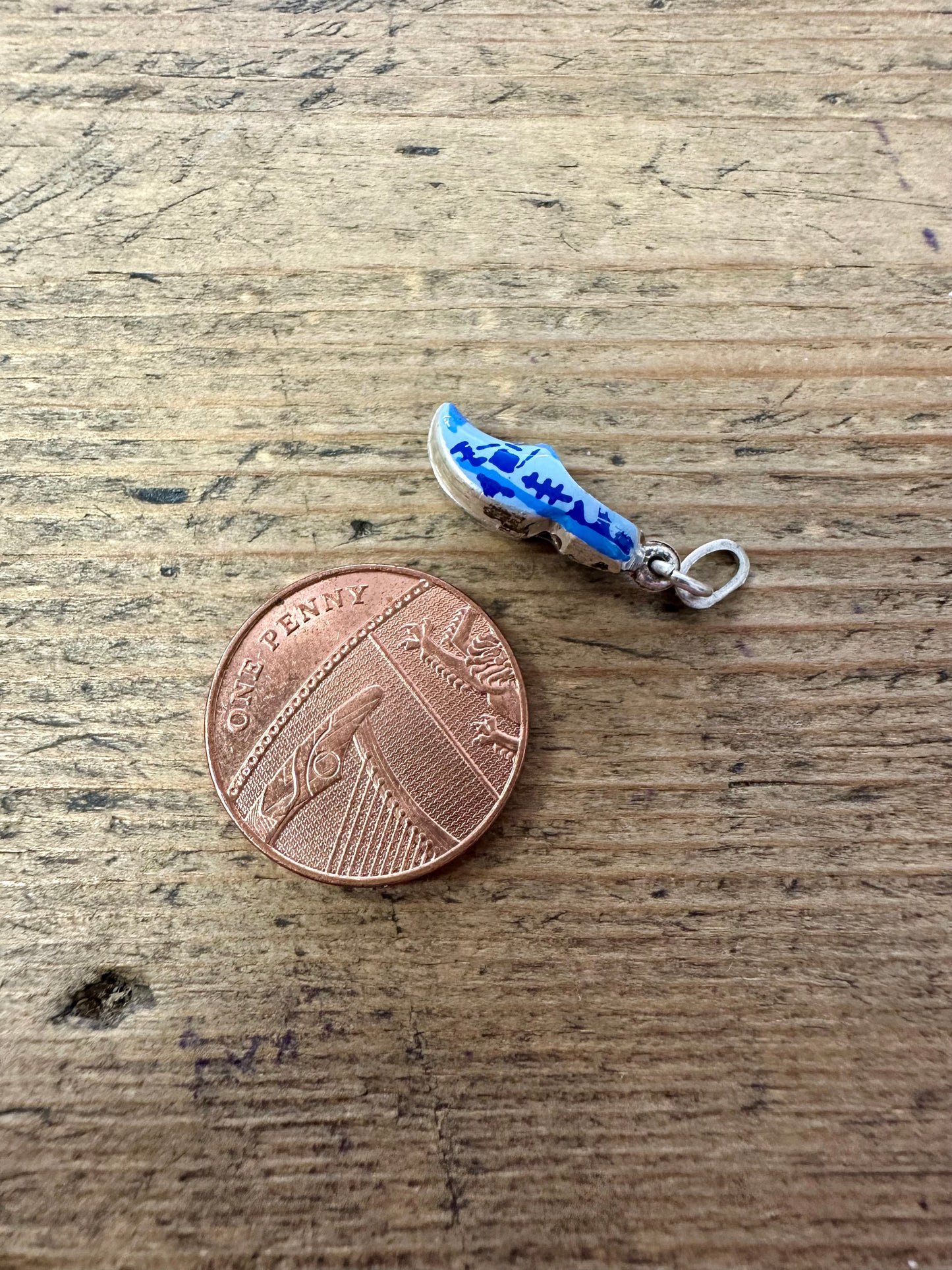 Vintage Blue Enamel Clog Silver Charm Pendant