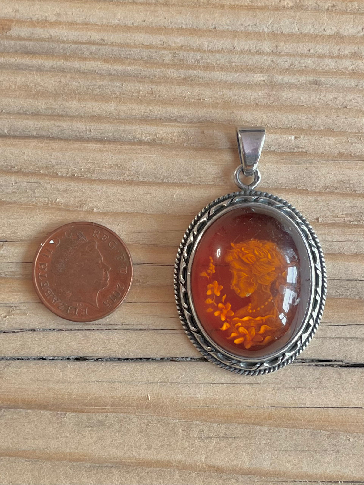Large Oval Amber Flower Girl 925 Sterling Silver Pendant