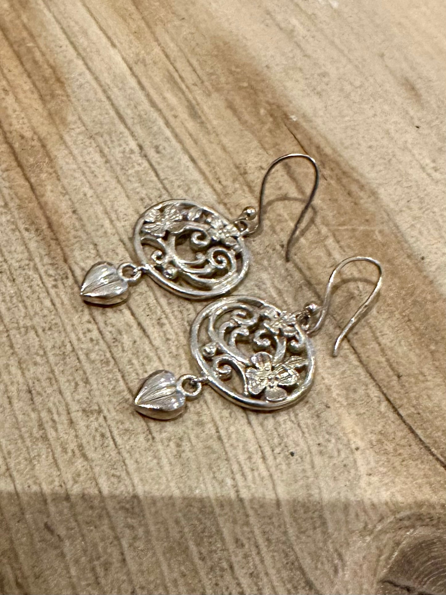 Vintage Floral and Leaf Dangle 925 Silver Earrings