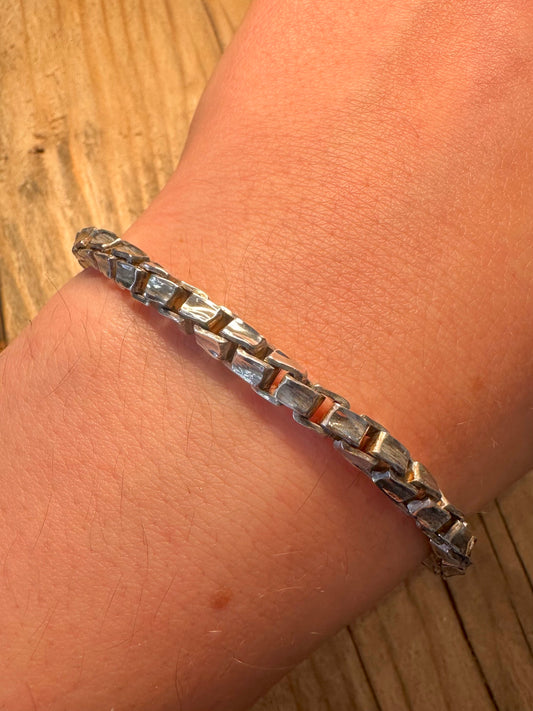 Vintage Hammered Twisted Box Chain 925 Sterling Silver 8.5 inch Bracelet
