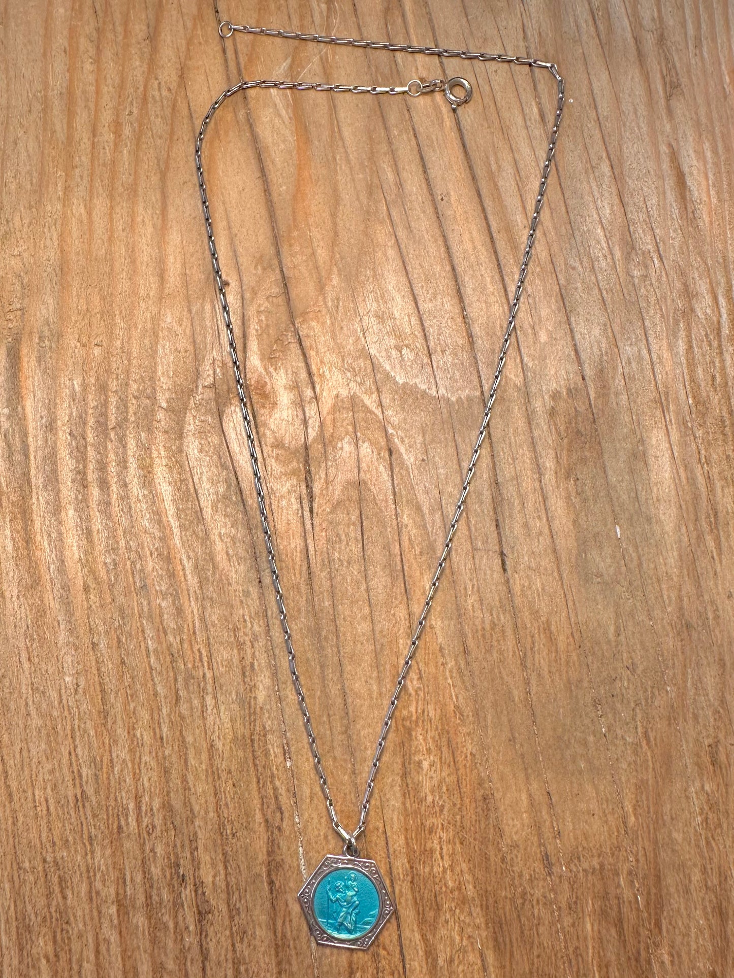 Vintage Georg Jensen Ltd Enamel St Christopher and Bar Unique Chain 925 Sterling Silver 17.5 inch Necklace