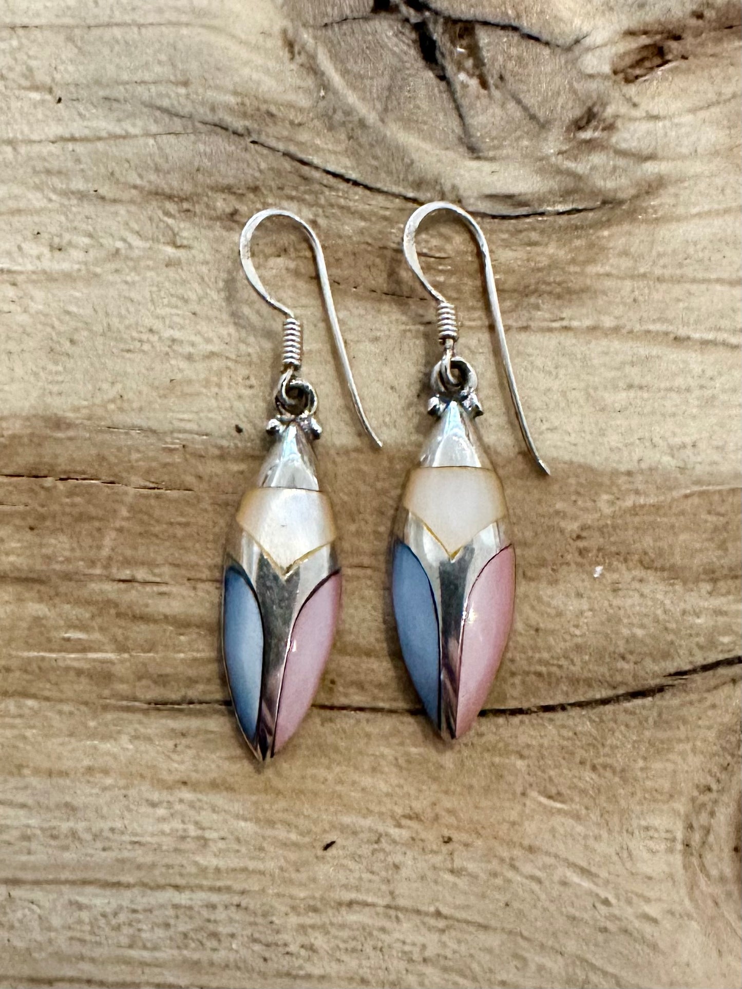 Vintage Coloured Mother of Pearl Dangle 925 Silver Earrings