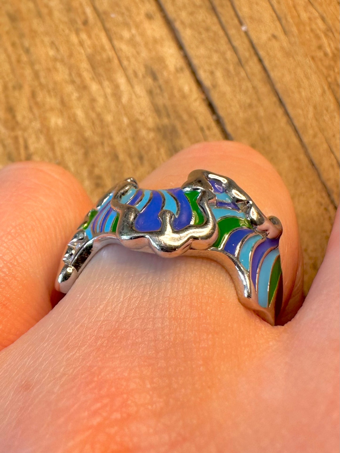 Isabelle Liu Wavy Blue and Green Enamel 925 Sterling Silver Size Q 1/2 Ring