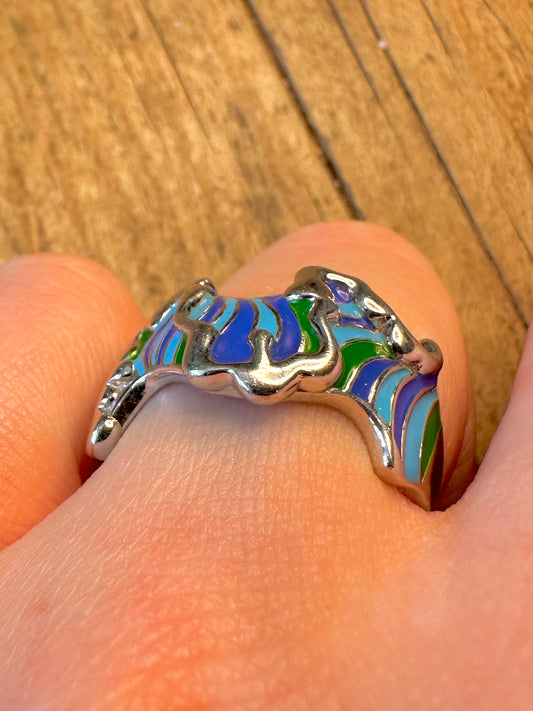 Isabelle Liu Wavy Blue and Green Enamel 925 Sterling Silver Size Q 1/2 Ring