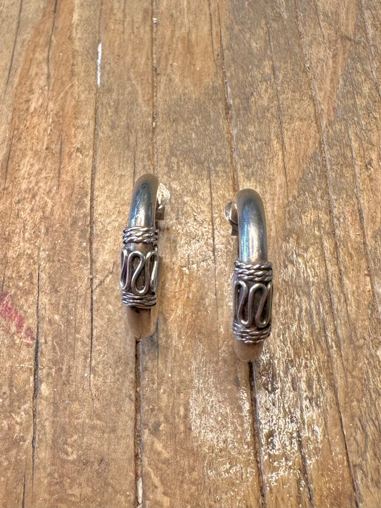 Bali Style Half Hoops 925 Sterling Silver Earrings