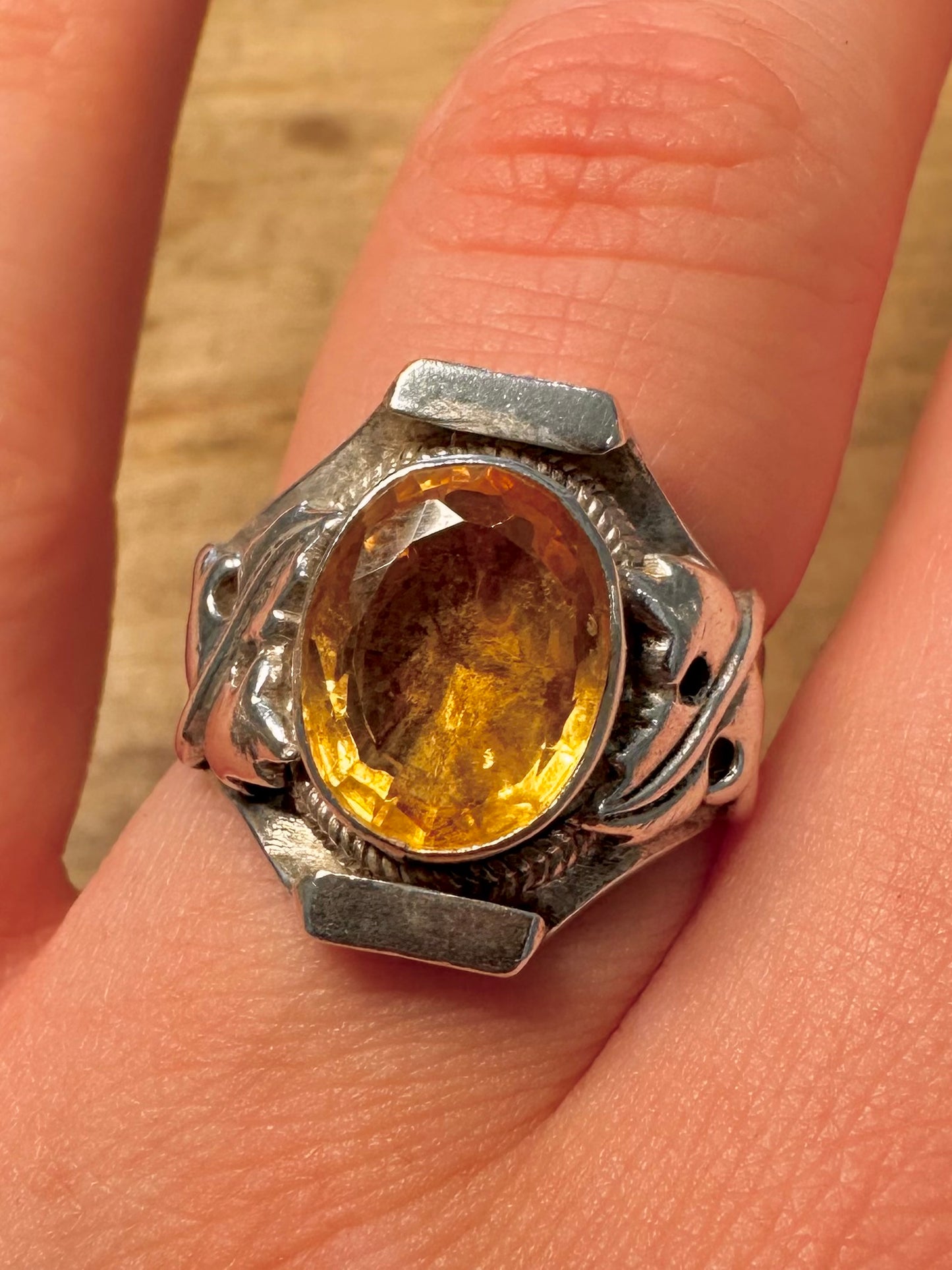 Vintage Citrine Boho Shield 925 Silver Size T Ring