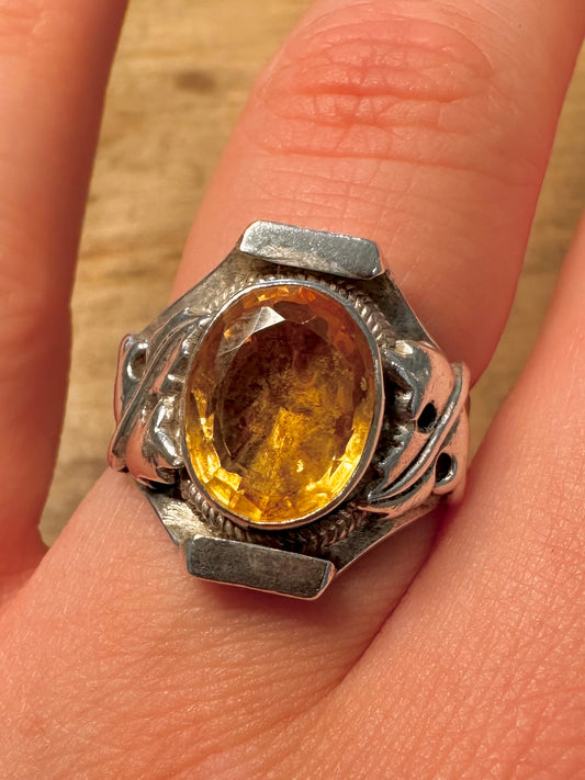 Vintage Citrine Boho Shield 925 Silver Size T Ring