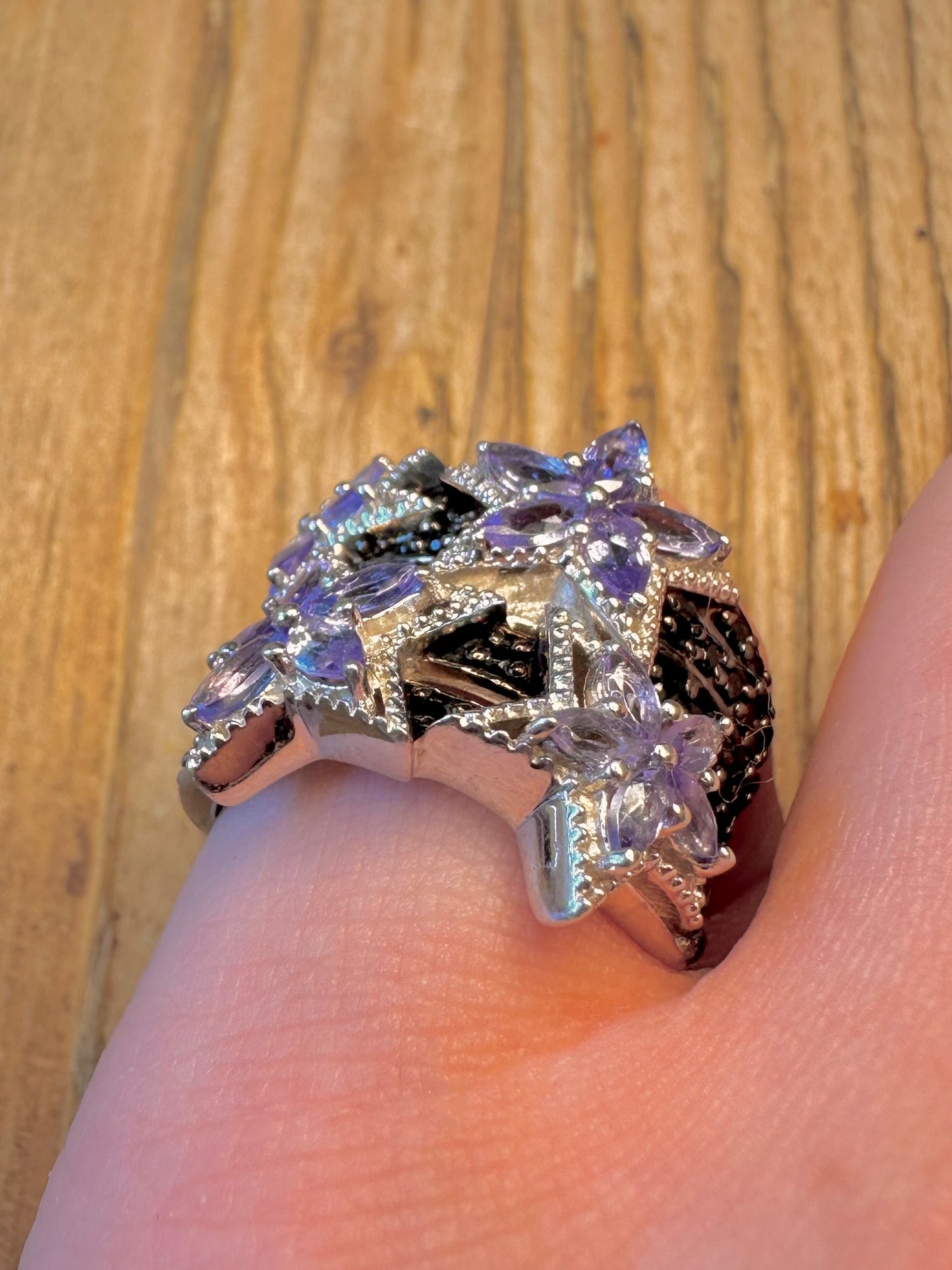 Star Tanzanite and Black Spinel Stones 925 Sterling Silver Size N Ring