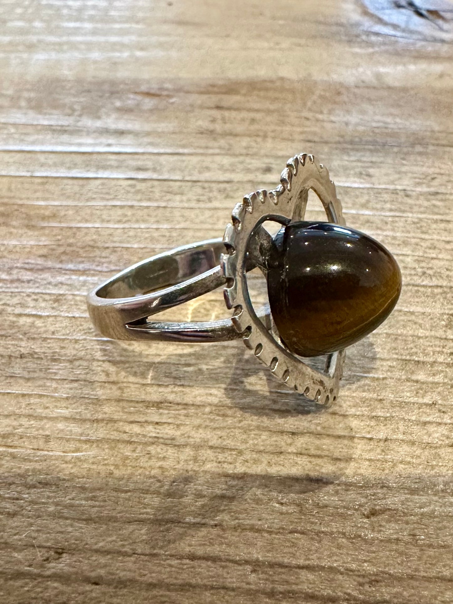 Abstract Heart Shaped Tigers Eye 925 Silver Size N Ring