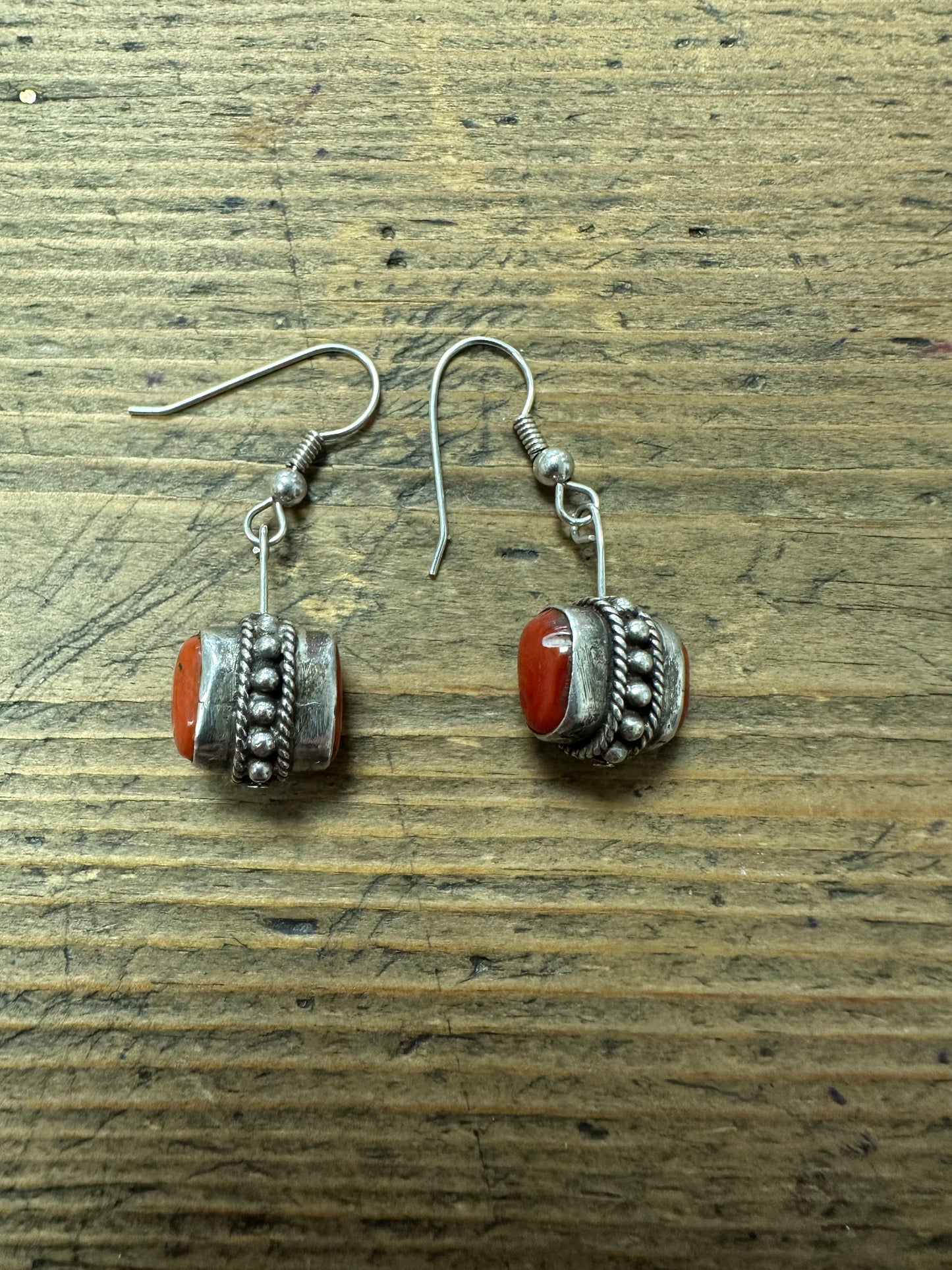 Vintage Red Coral Dangle 925 Silver Earrings