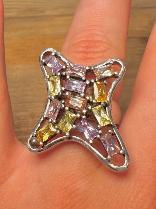 Abstract Multi Coloured Stones 925 Silver Size O1/2 Ring